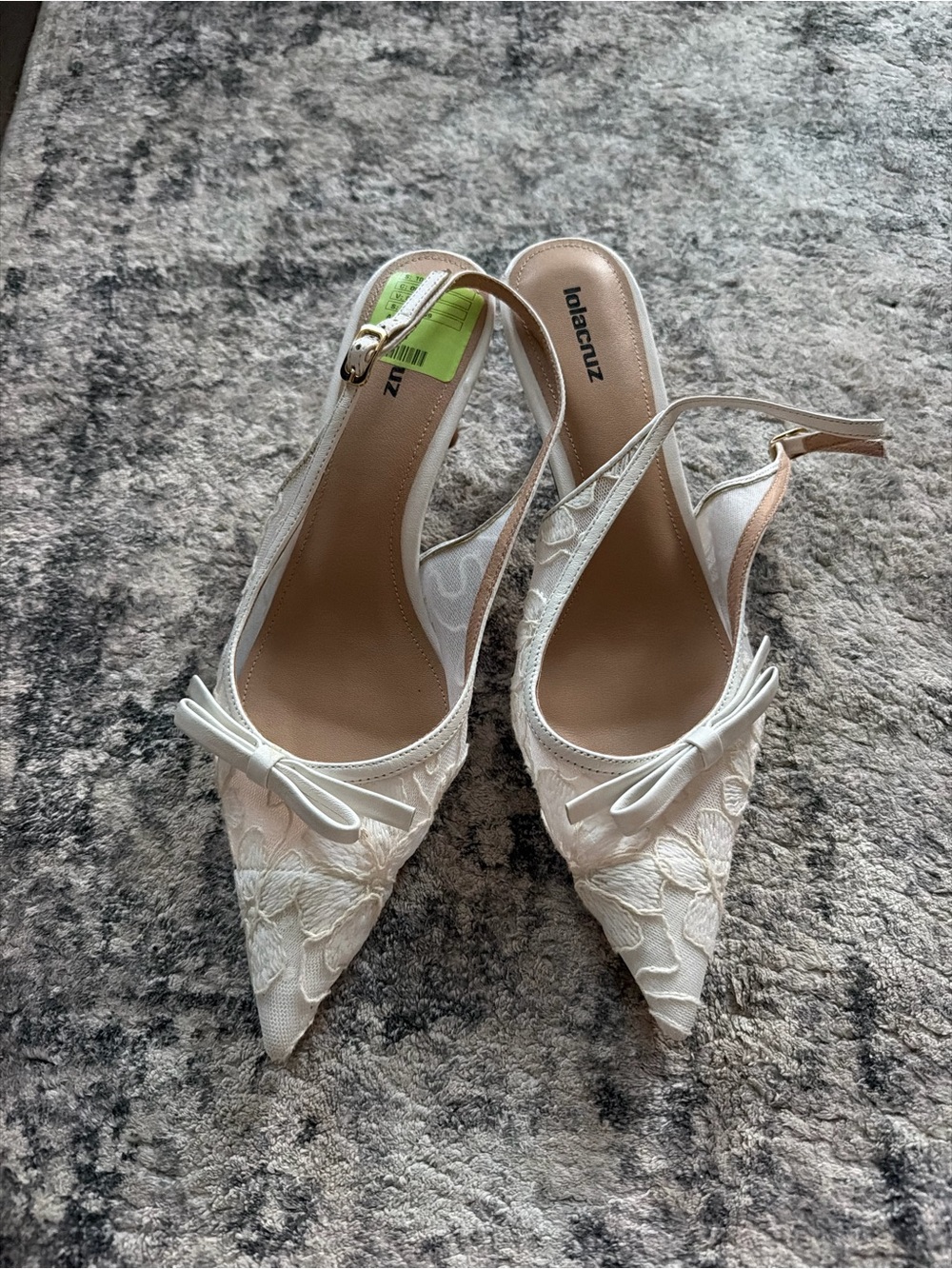 Lola Cruz White Lace Pointed Slingback Heels with Bow
